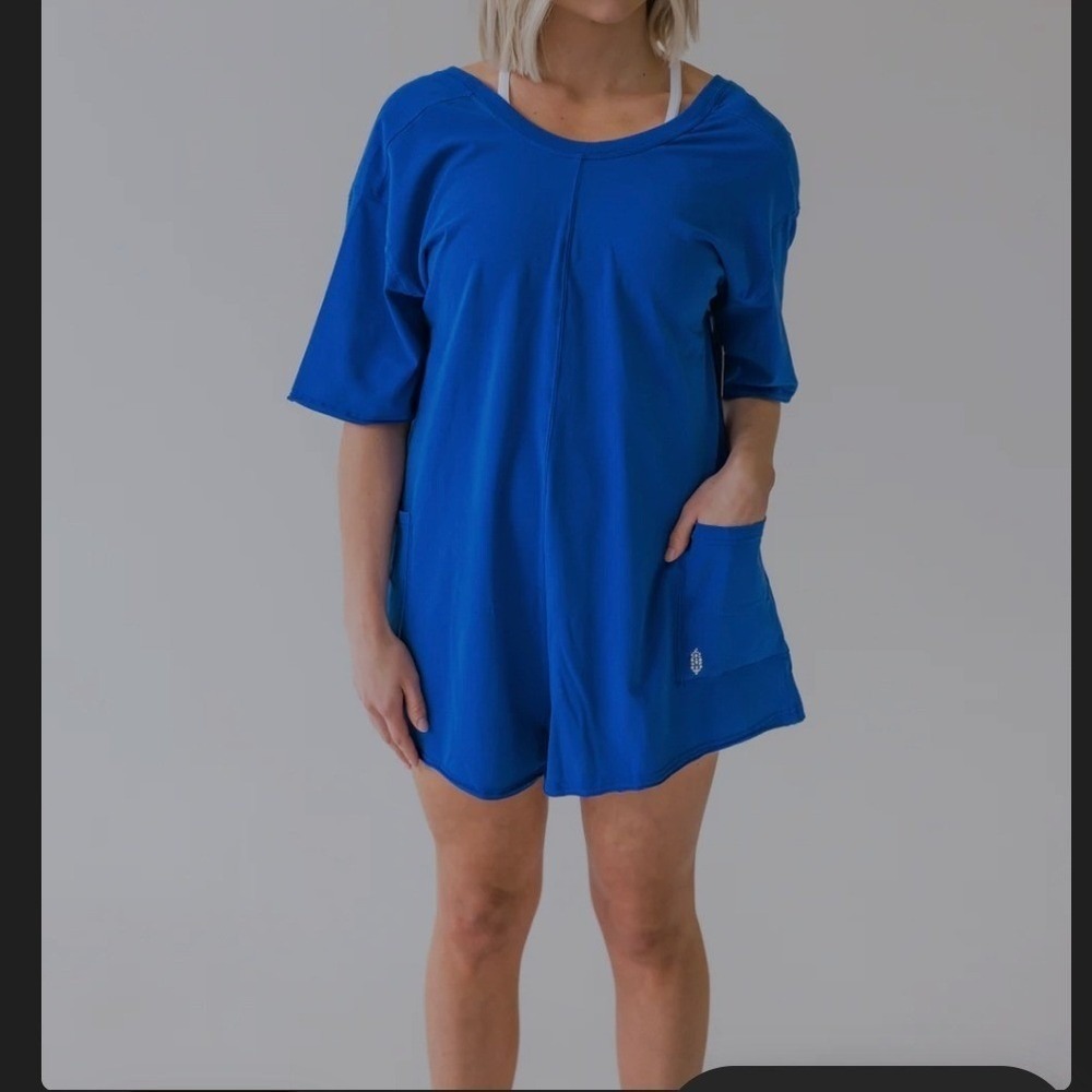 Free People Movement Hot Shot Romper Electric Shock Blue Short Sleeve Mini L